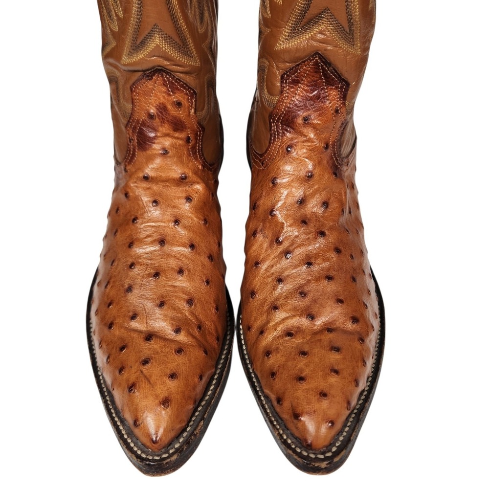 Nocona Ostrich Print Western Cowboy Boots Brown Leather Pointed Toe Men's 7